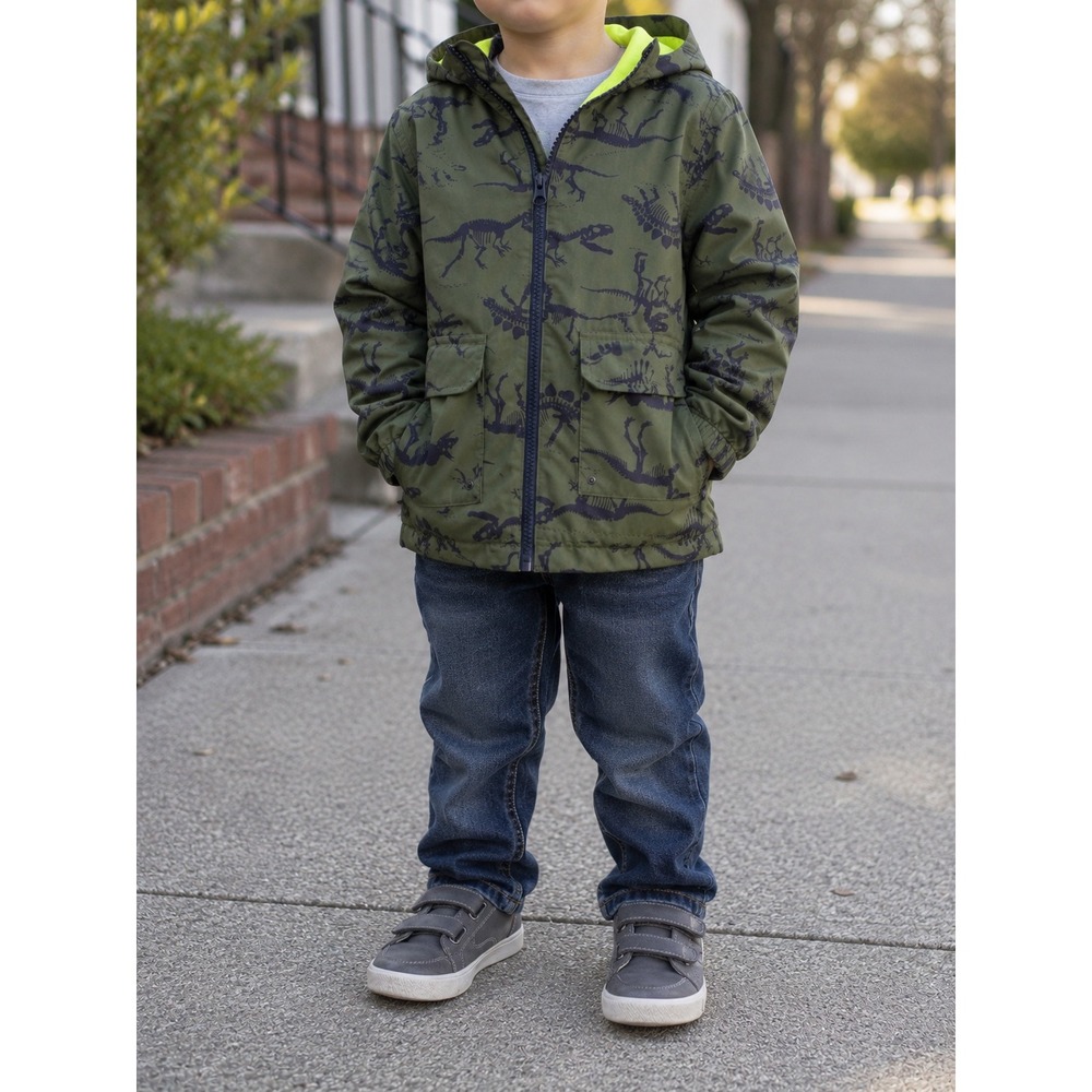 Carter's Boys Dinosaur Skeleton Windbreaker Jacket Green Hooded Size 4 S/4